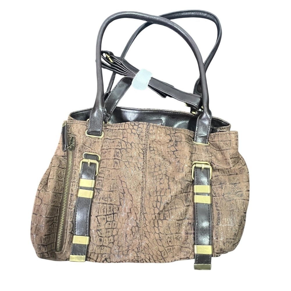 Bueno Women's Brown Bronze Embossed Faux Leather Satchel Shoulder Bag Handbag